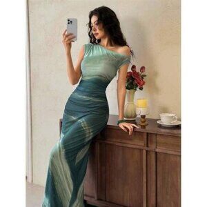 Women's Tie-Dye Print Asymmetrical Collar Elegant Long Dress Chinese S